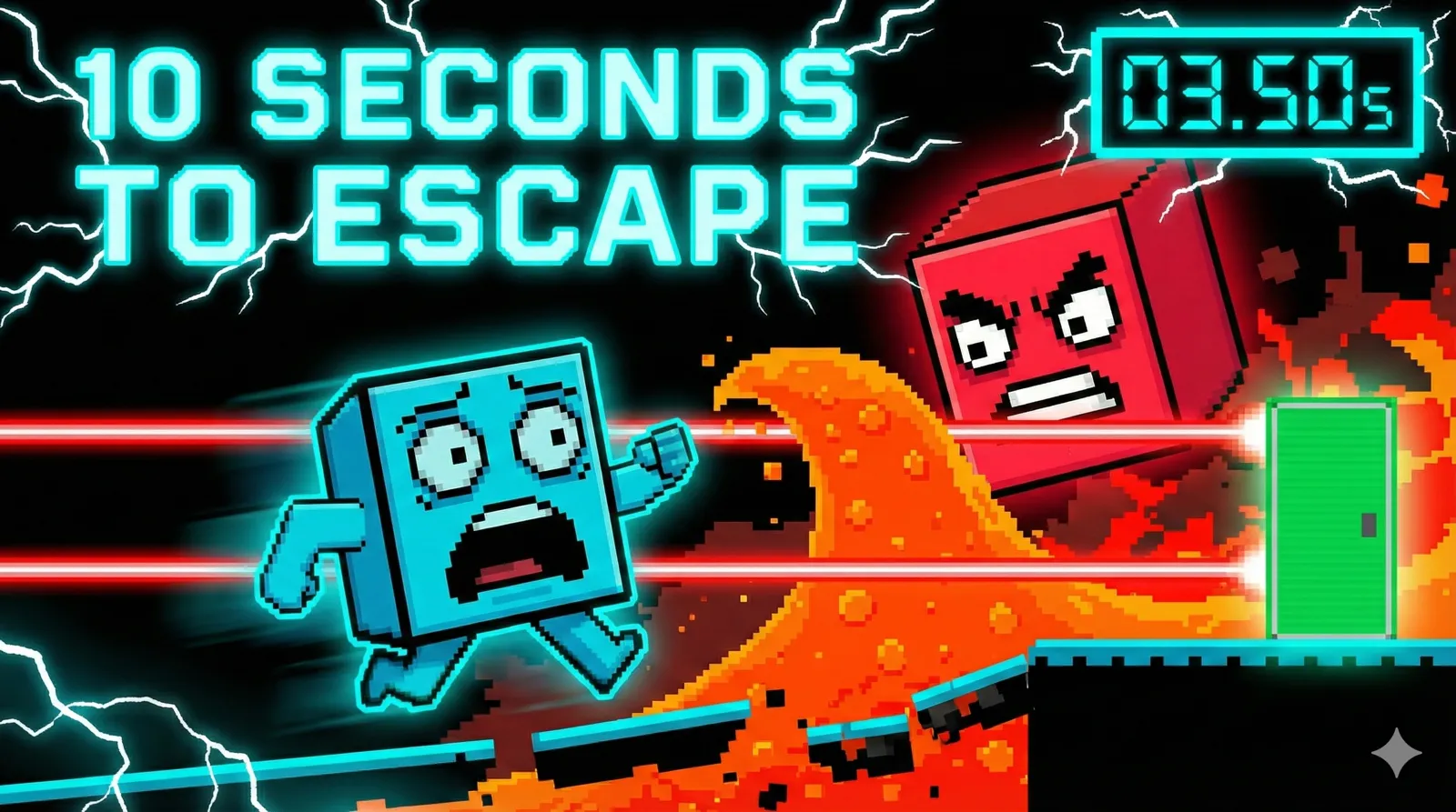 Room of 10 Seconds: a pixel hero running from lava toward a green door